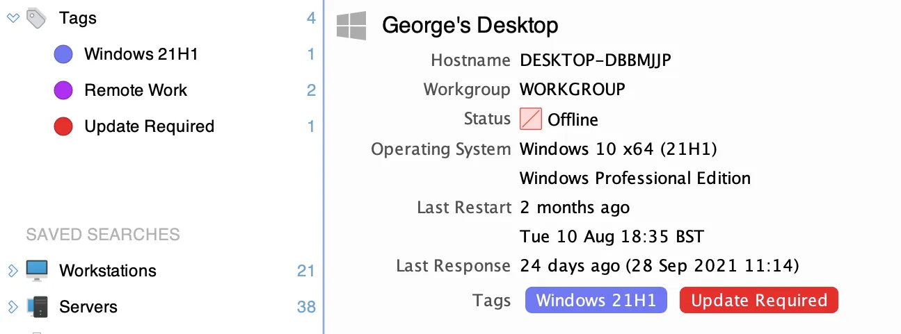 Computer management interface showing tags for George's Desktop including Windows 21H1 and Update Required, with status offline and last response 24 days ago.