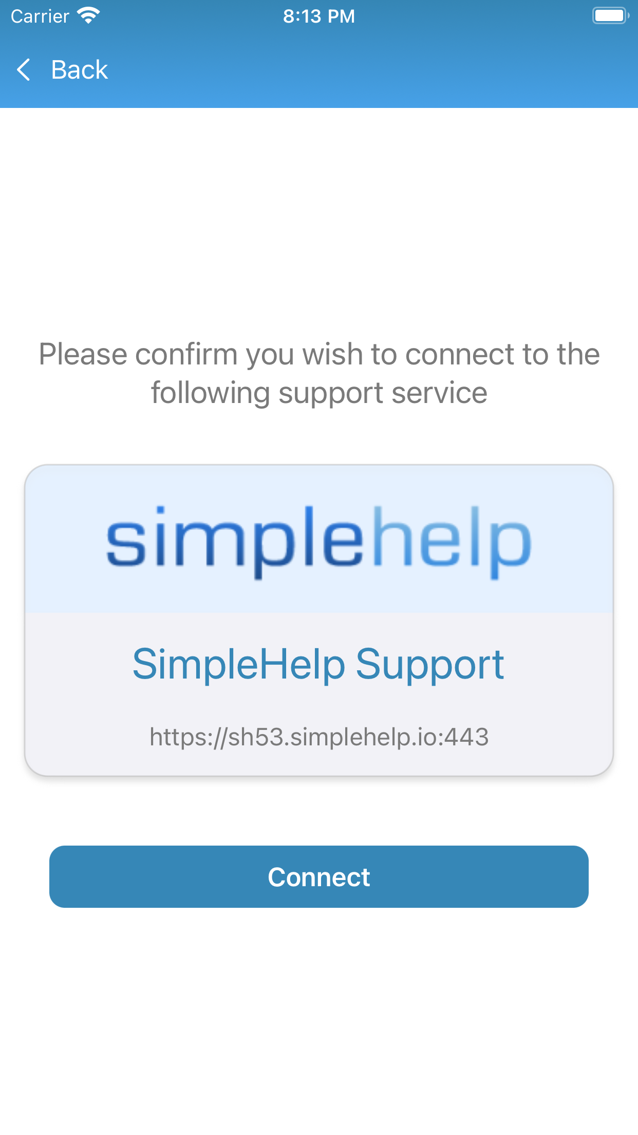 Support Service Confirmation Screenshot